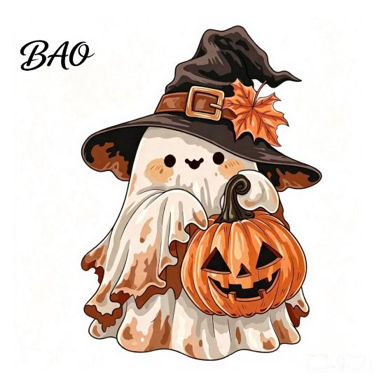 Seasonal Shelf Display Halloween Wooden Ghost Ornament with Pumpkin Pattern, Double Sided Desktop Decoration, Spooky Tiered Tray Decor Decor,