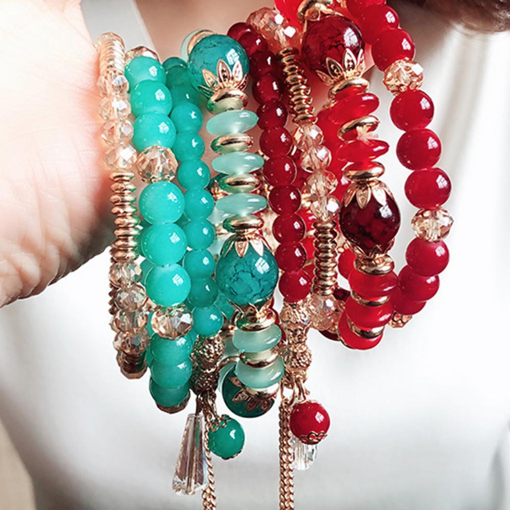 Adjustable Beaded Bracelet Bohemian Style Multi-layered Bracelet Set with Faux Pendants for Women Stackable Jewelry Set for Her