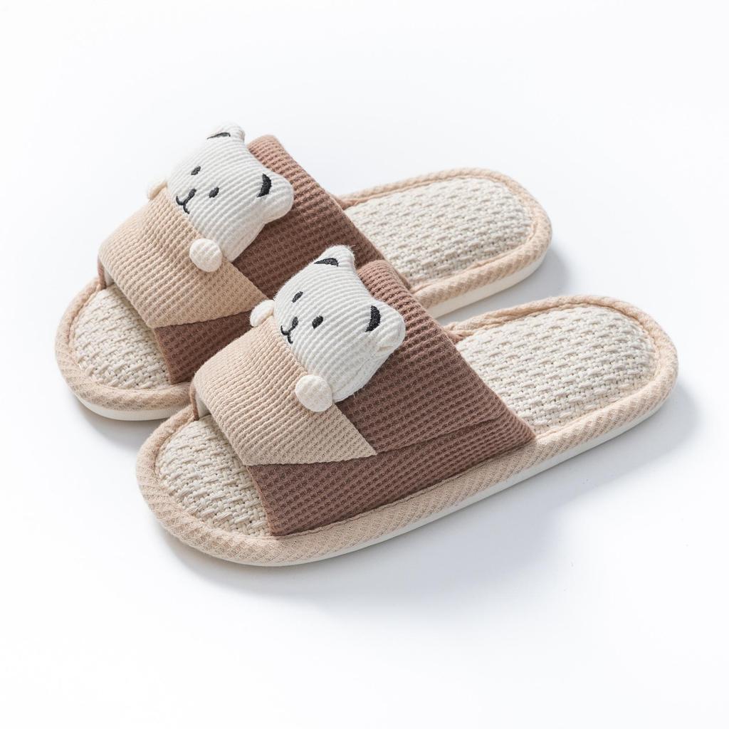 Women's Cartoon Bear Open-Toe Linen Slippers - Cozy Indoor Footwear for All Seasons