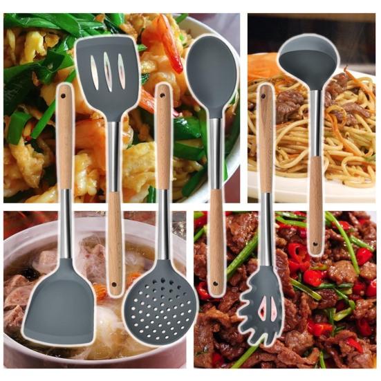Cooking Spatula with Hole Heat-resistant Beech Non-stick Colander Spoon Spatula Kitchen Utensils