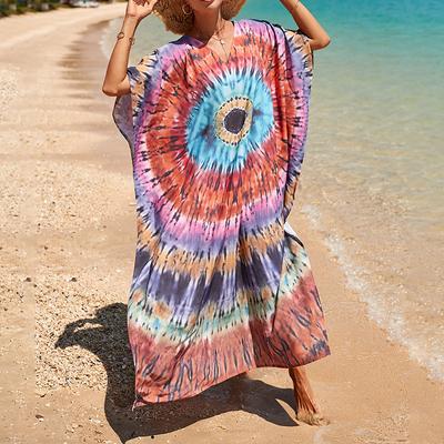 Women's Boho Cover Up, Plus Size Contrast Loose Fit Vacay Beach Kaftan Dress