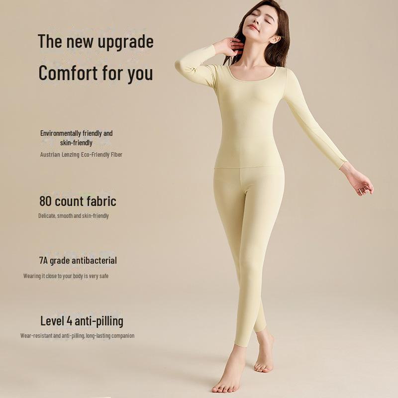 Nahtloses, warmes Modal-Unterwäscheset für Damen mit Rundhalsausschnitt: Antibakterielles Aoweizi Herbstoberteil und -unterteil