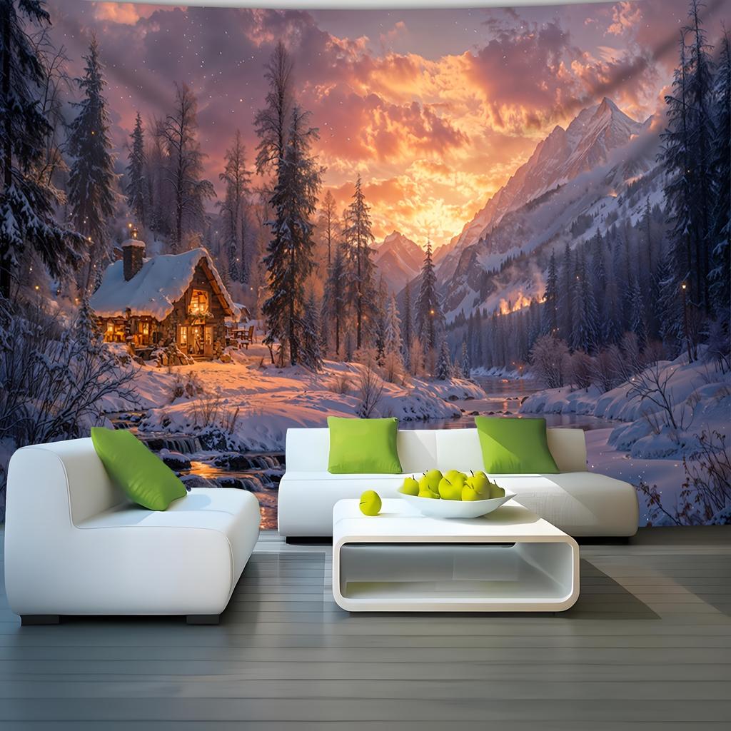 Enchanting Winter Wonderland Wall Tapestry For Living Room Decor, Featuring A Cozy Snow-Covered Cottage Nestled