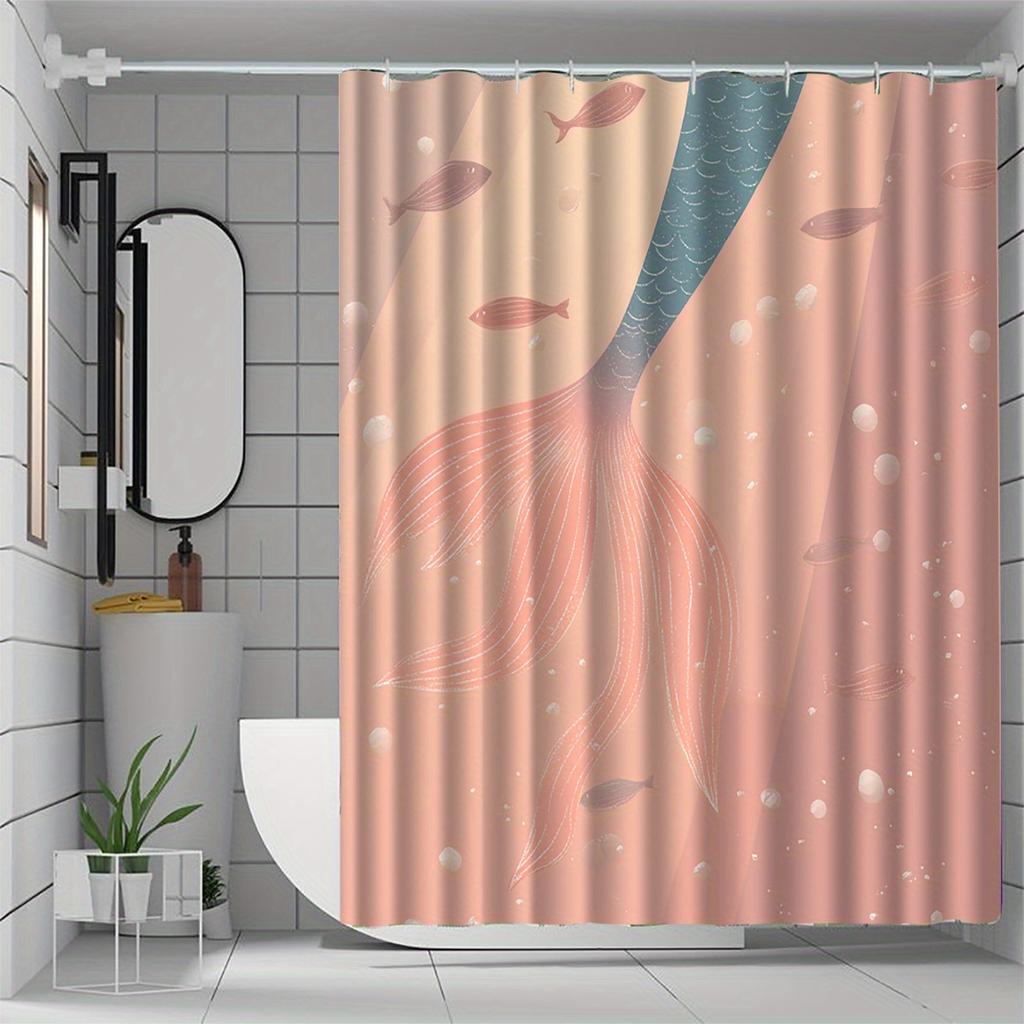 Mermaid & Fish Tail Shower Curtain - Artistic Design, Waterproof Polyester, Includes 12 Hooks, All-Season Use, Bathroom Decor
