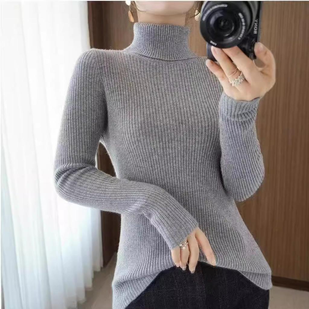 Autumn and winter inner and outer wear fashionable foreign style solid color pit strip turtleneck bottoming shirt women's long-sleeved knitted
