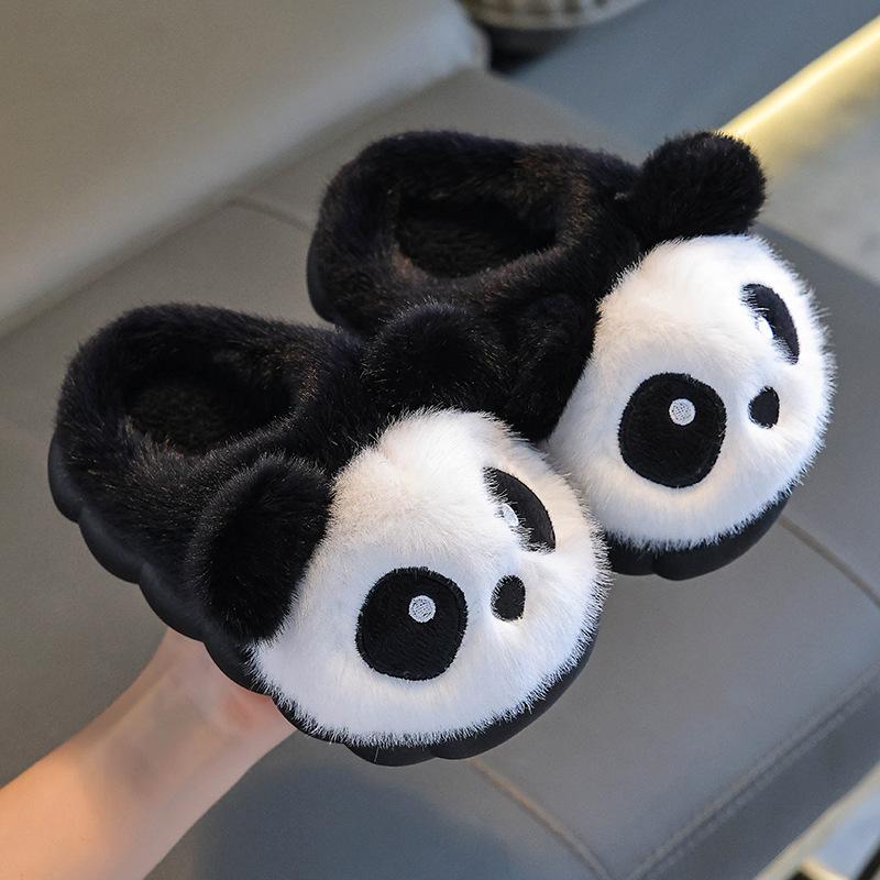 Winter children's cotton slippers for boys and girls, panda design, warm and plush, cute parent-child home shoes with covered heel