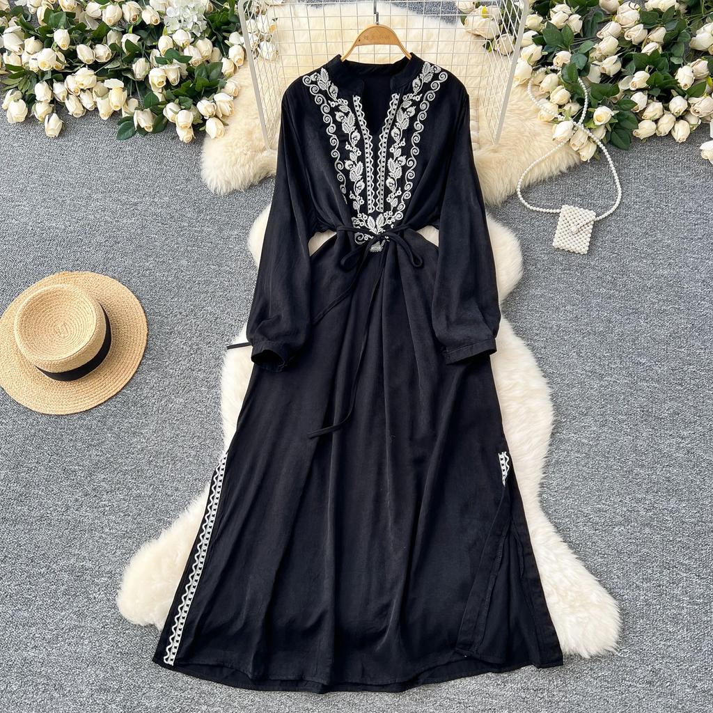 Vintage Maxi šaty pro ženy Výšivka Výstřih do V Dlouhý rukáv Dámské šaty Šněrování Vysoký pas Elegantní šaty