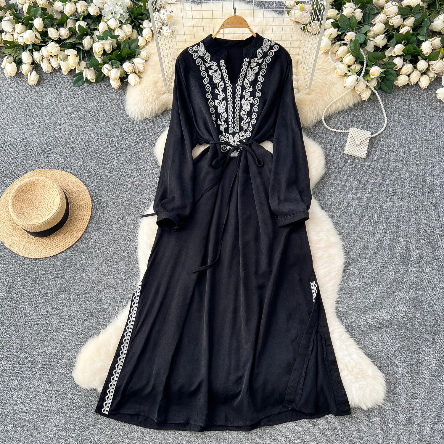 

Винтажное макси-платье для женщин с вышивкой, V-образным вырезом, длинным рукавом, женское платье со шнуровкой, с высокой талией, элегантные платья One Size чёрный