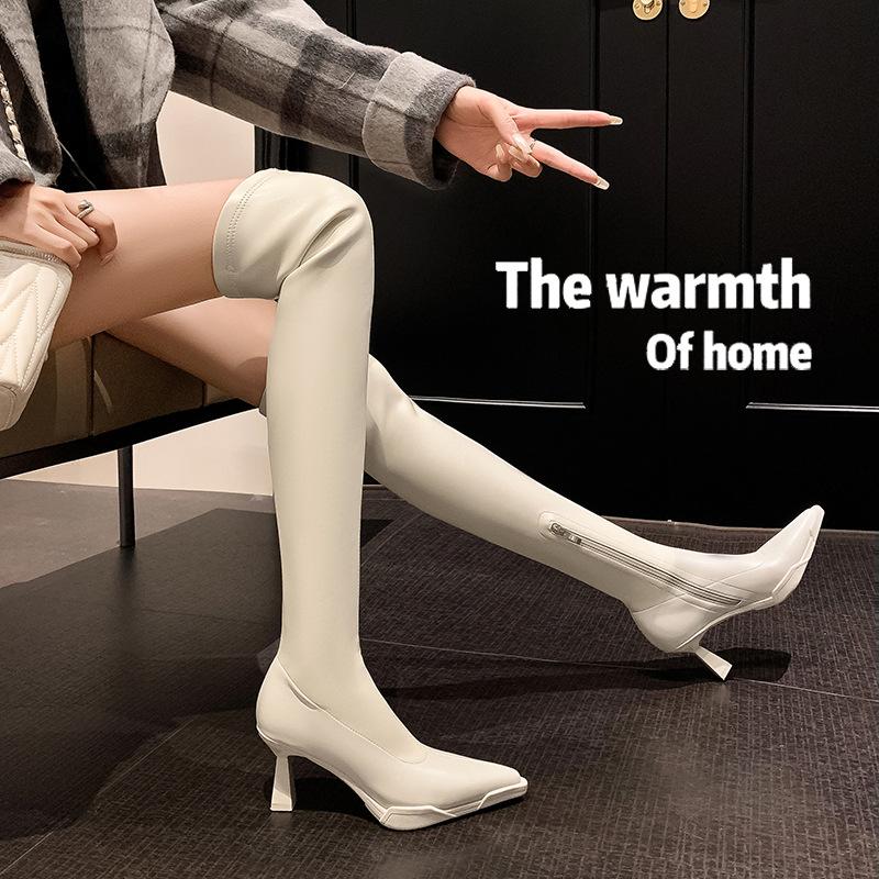 New European and American women's over-the-knee boots, black high-heeled round-headed thick-heeled autumn and winter women's leather boots,
