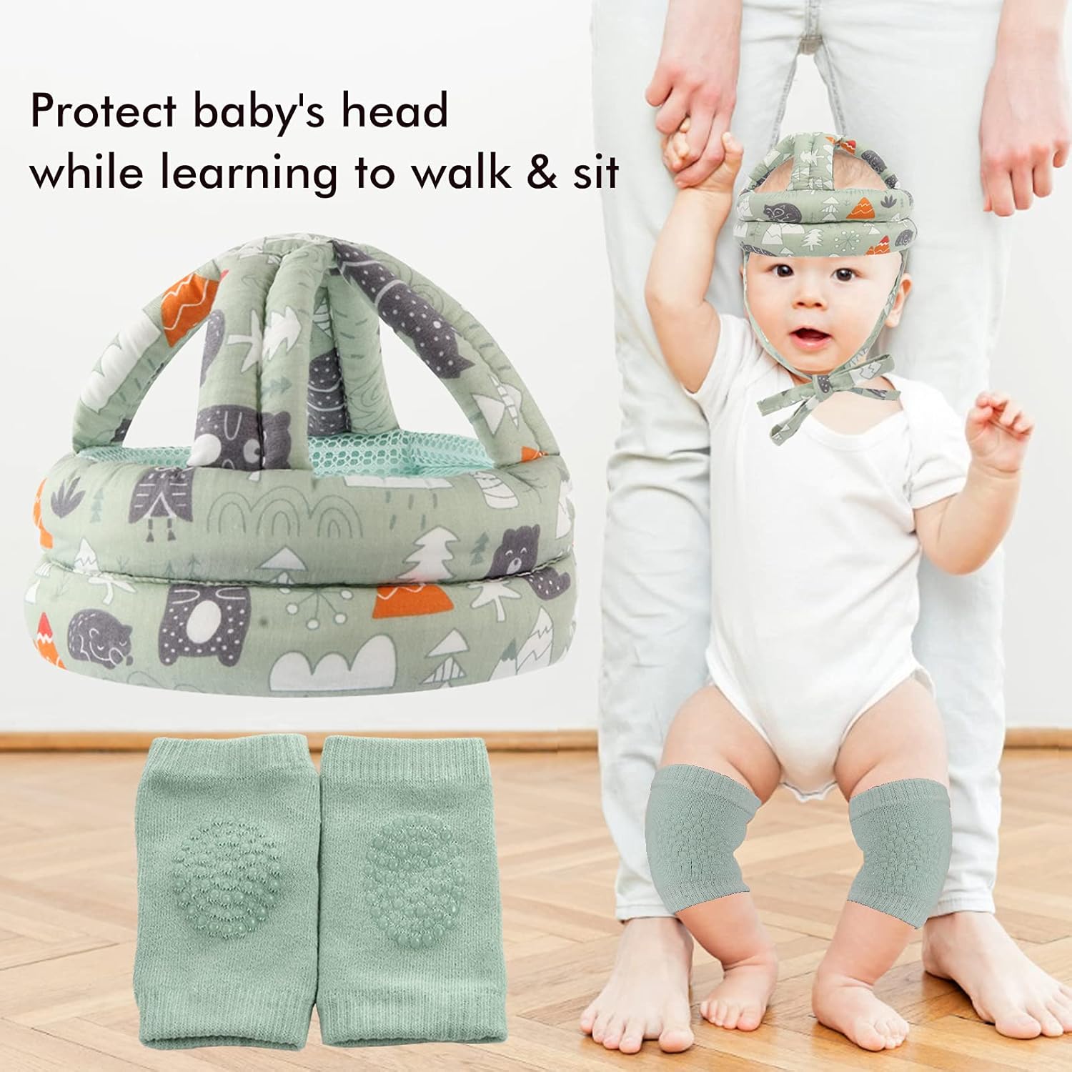 

Шлем безопасности для младенцев и малышей, дышащий и регулируемый, с подушкой для головы, бампером-бонетом для бега, ходьбы, ползания (зеленый),BB-1003 Зеленый