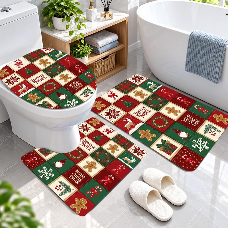 3Pcs Flannel Toilet Mat Set Christmas Bathroom Rug Bath Carpet Non Slip Home Decor