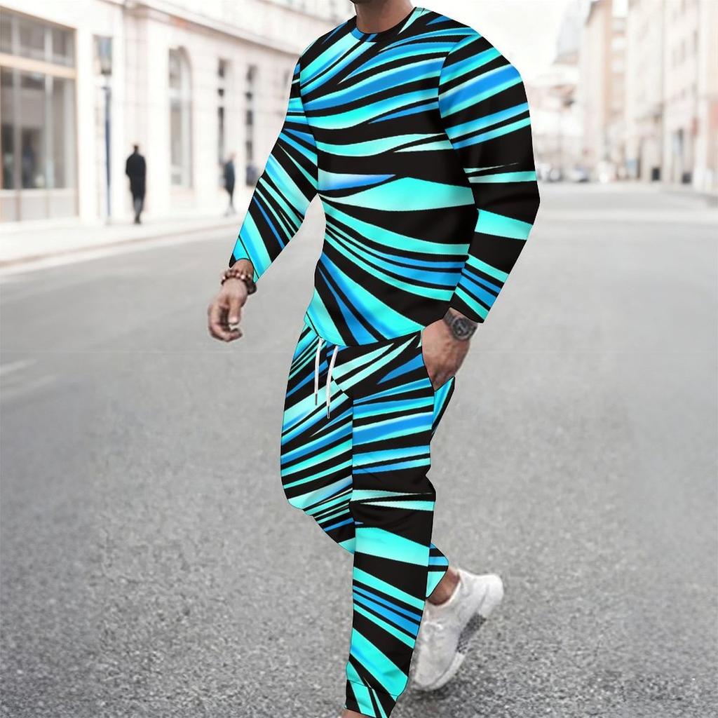 Men Pink Black White Wavy Curve Geometric Print Long Sleeve Sweatshirt Jogger Pants Two Piece Suit