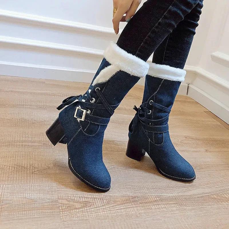 Mode Übergröße 6CM Absätze Damen Mid-Calf Schuhe Komfort Botas Mujer Top Qualität Damen Schneestiefel Warm Dickes Fell Winterstiefel Schuh