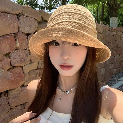 Hollow Straw Bucket Hat Women's Summer Thin Breathable Foldable Bucket Hat Sunshade Sunscreen Hat