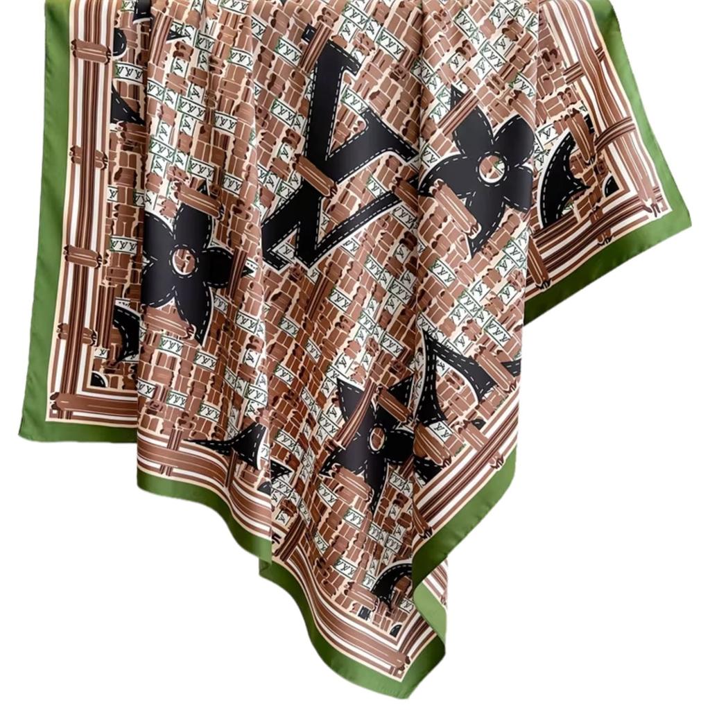 Women' Scarf 90X90 Brown and Green - Geometric Print with Urban Character