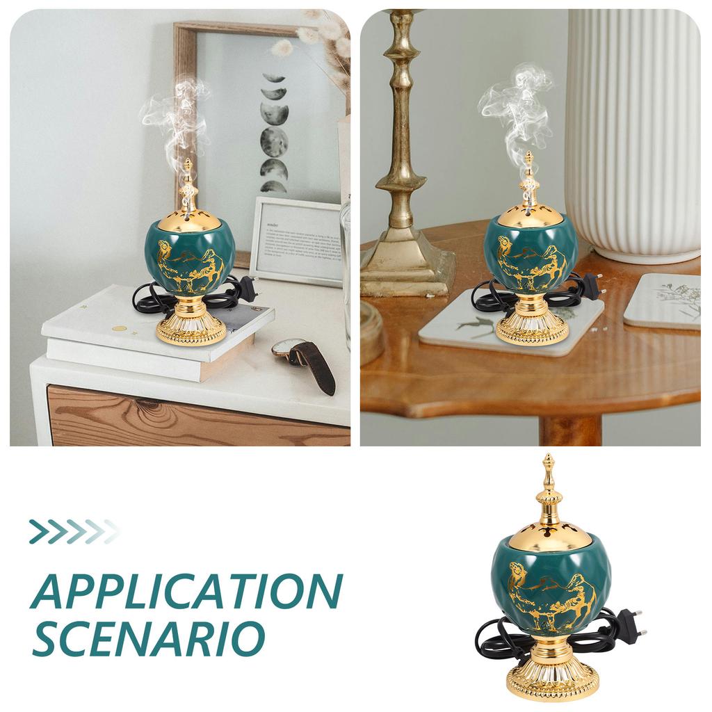Electric Incense Burner Aroma Incense Stove Portable Desktop Burner Ornament Vintage Metal Censer Holder for Living Room Bedroom