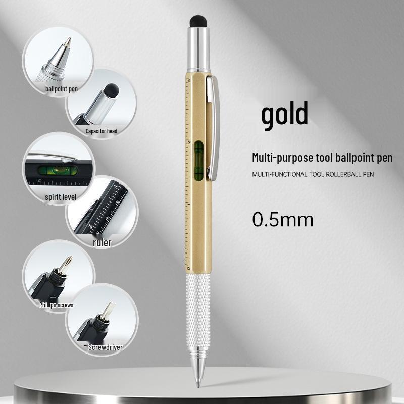 

Hexagonal Multi-Tool Pen: Touchscreen, Screwdriver, Level, Round-tip Pen, Scale Ruler - 6-in-1 Functionality золотой