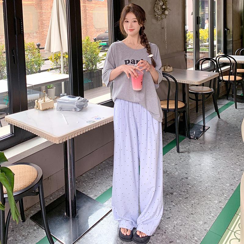 Ice silk polka dot soft waxy straight casual pants women's spring and summer new high waist loose and thin pear-shaped body wide-leg pants