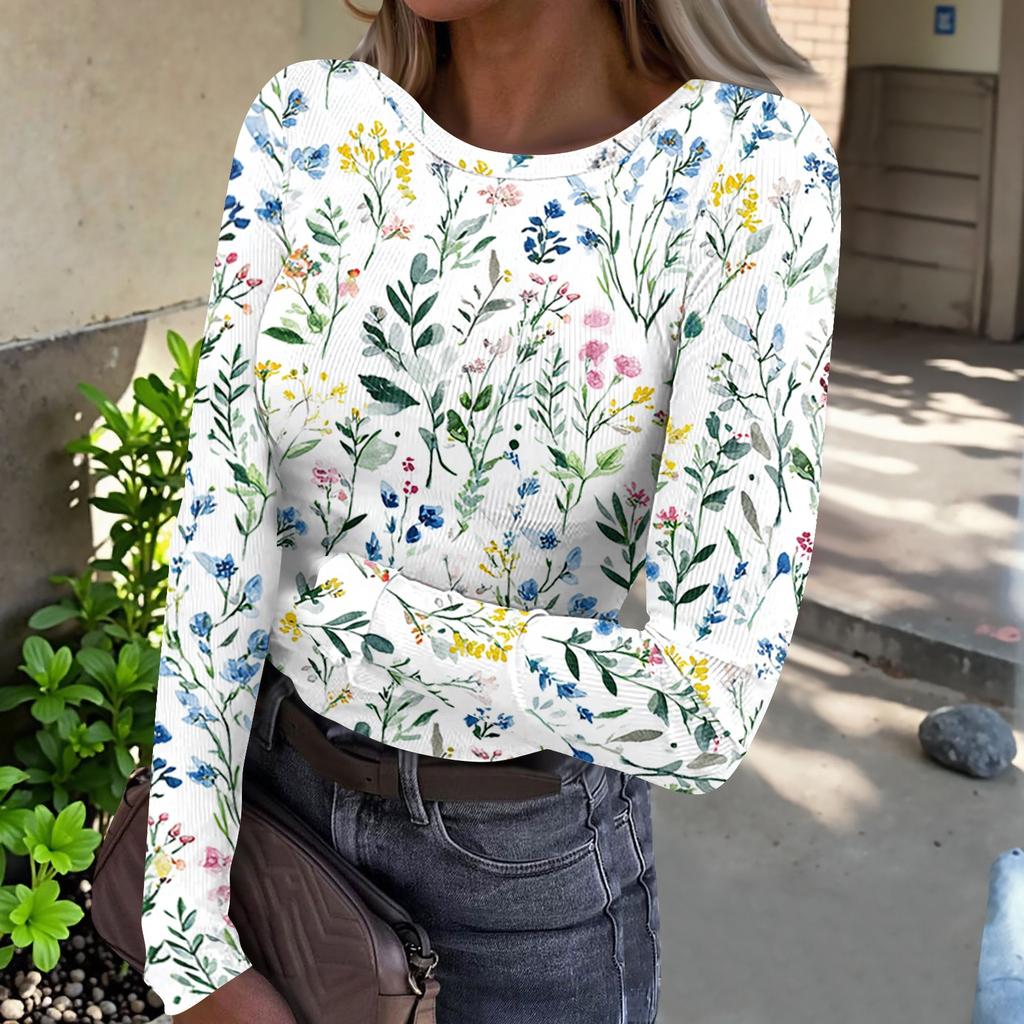 Women Casual Long Sleeve Crewneck Floral Print Ribbed Top Lightweight Pullover Loose Fit Soft Breathable Shirt for Daily Wear
