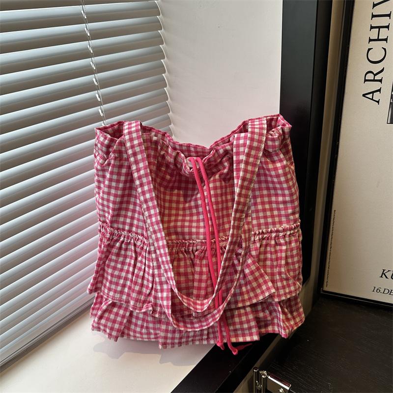 Beautiful Leisure Large-capacity Plaid Students Commute To Class Versatile Portable Tote Bag Sweet Shoulder Armpit Bag Girl