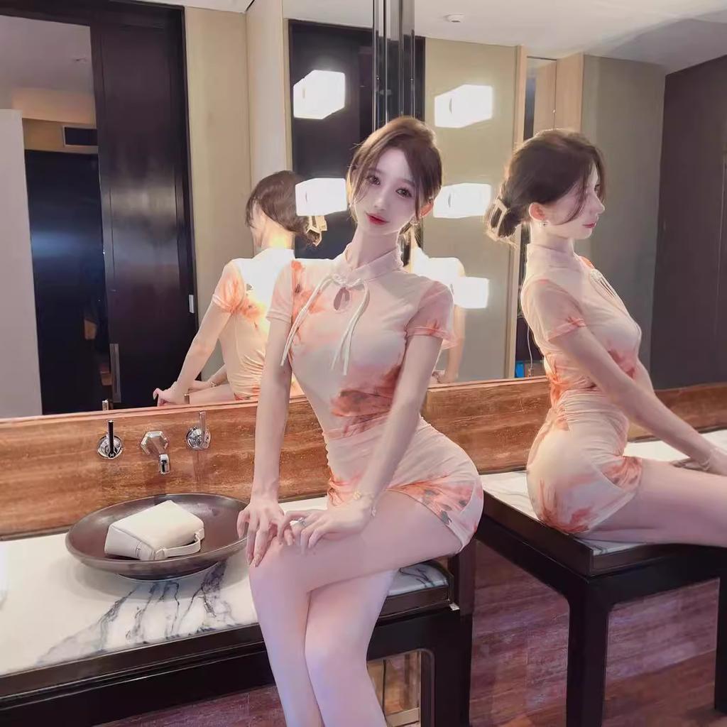 Printed mesh yarn improved design sense slim and thin cheongsam short dress summer new women's clothing trend
