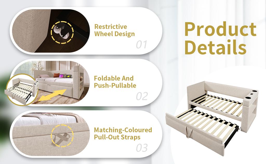 Upholstered daybed 90x190 cm, sofa bed, pull-out bed, armrests, USB & Type-C charging port, cup holder, linen blend fabric, beige, without mattress.