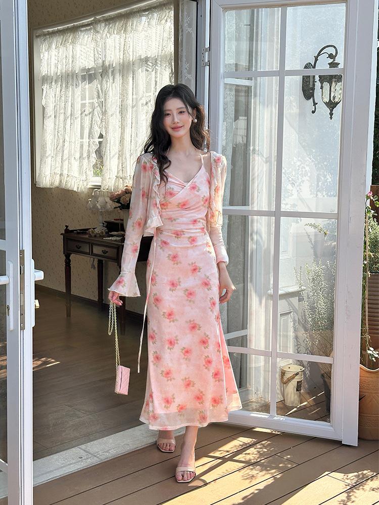 Thirteenth Line French Floral Camellia Spaghetti Strap Dress Set