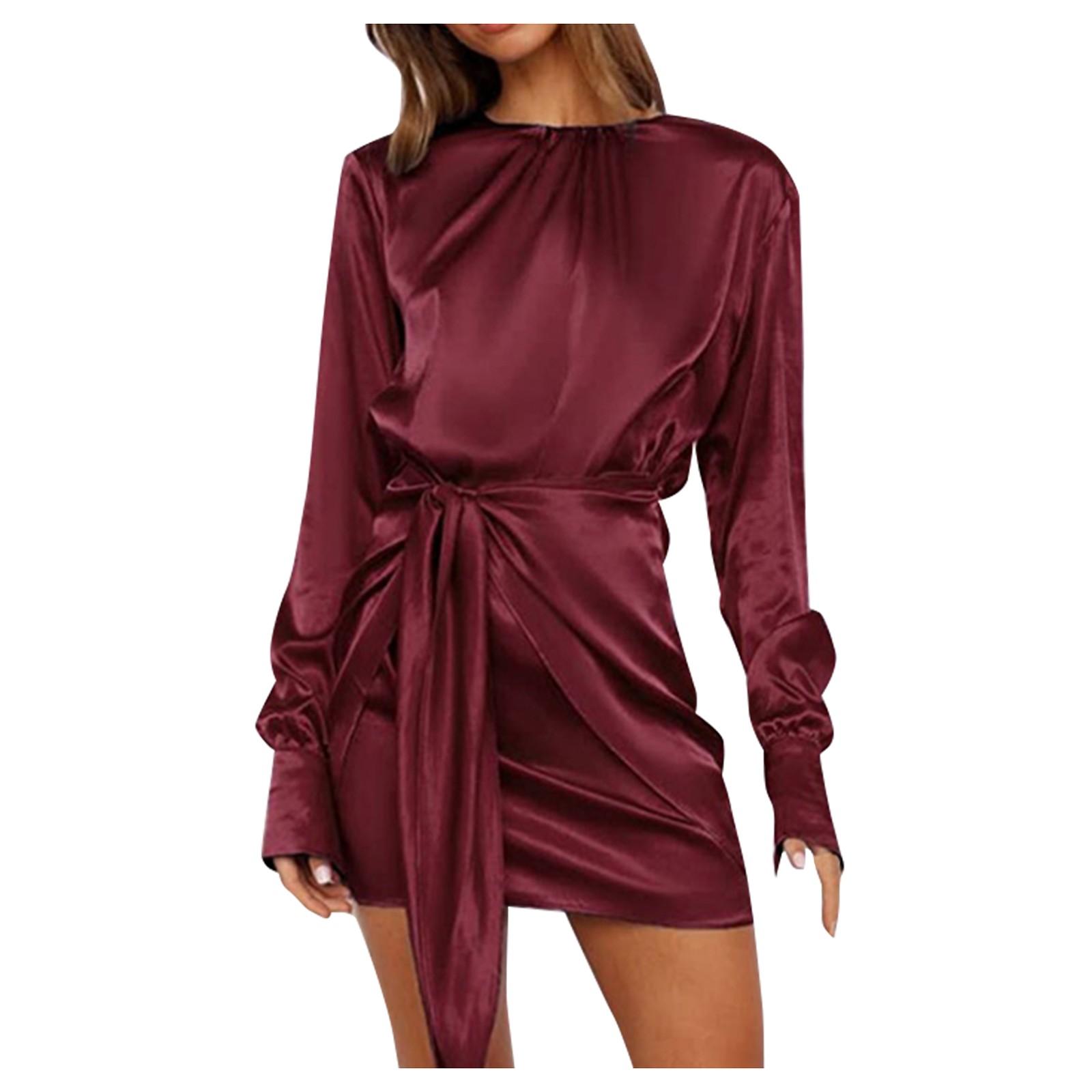 

Женское элегантное коктейльное платье с круглым вырезом и эластичной кружевной талией, атласное платье с длинными рукавами L