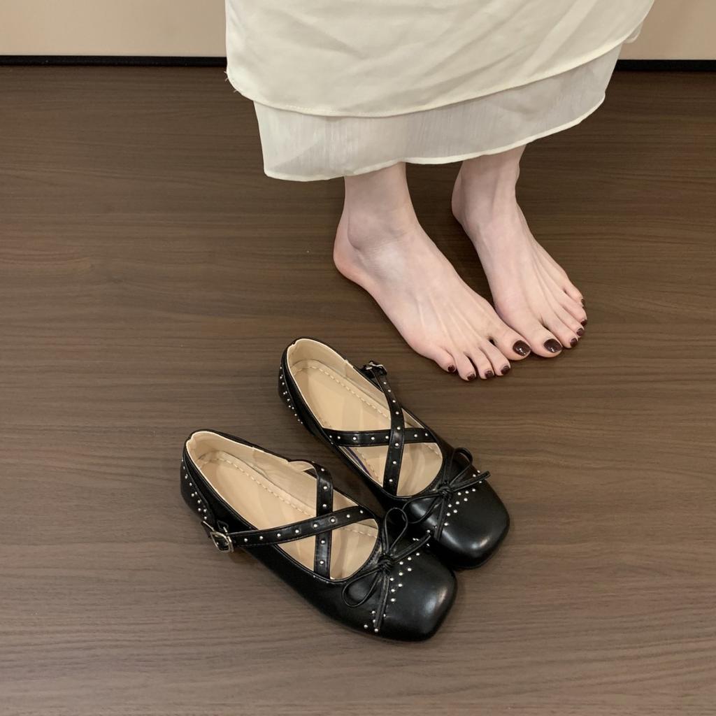 Fashion 2025 New Fashionable and elegant Soft Bottom Ballet Shoes French Butterfly Knot Low Cut Square Head Rivet Single Shoes
