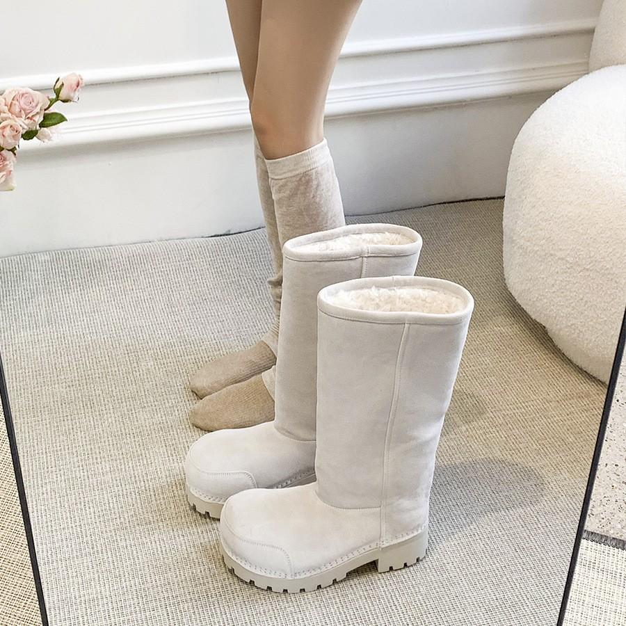 Kuskinnversjon~ Varm huhu tykksålet stygge storhodet snøstøvler dame høst og vinter varm saueskinnspels integrert lange støvler