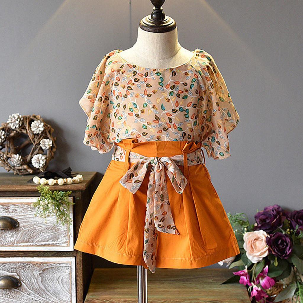 HGWXX7 Toddler Baby Girl Kids Clothes Sets Floral Chiffon T-Shirt Tops Solid Shorts Pants with Belt