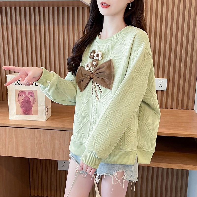 Women Korean Fashion 3D Flower Bow Sweet Chic Sweatshirt Casual Streetwear Y2K Hoodie Round Neck Long Sleeve Loose Pullover Tops
