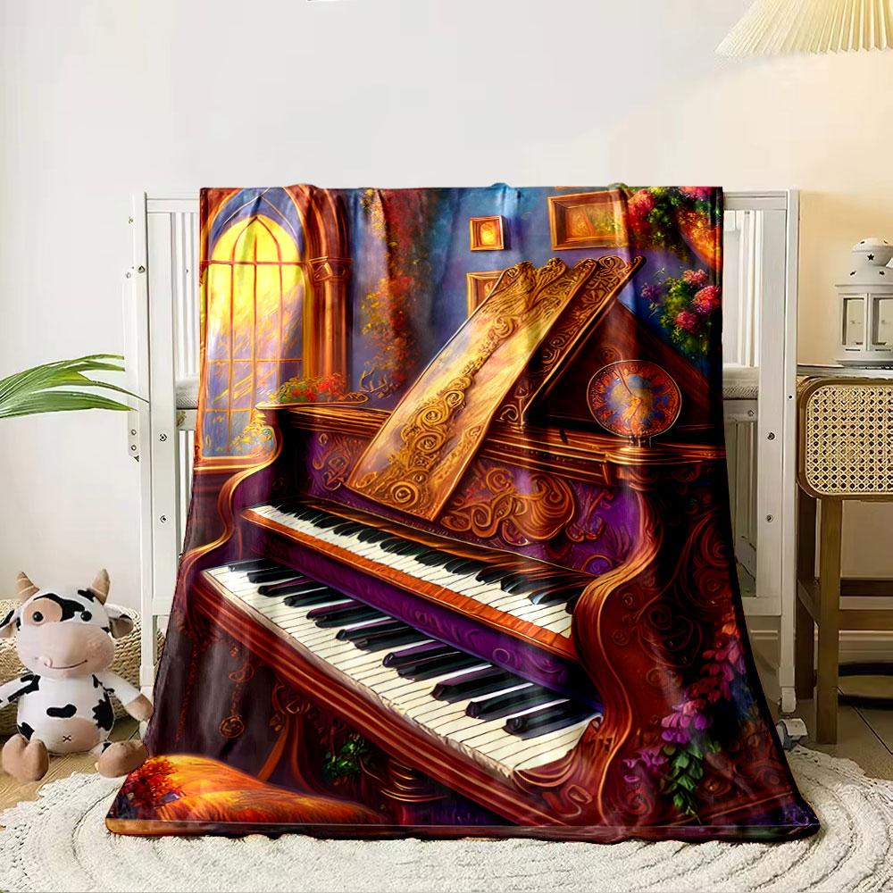 Intricate golden swirls decorate a vibrant piano in a glowing, floral room. for all seasons blanket lunch break throw gift 80cm x 120cm