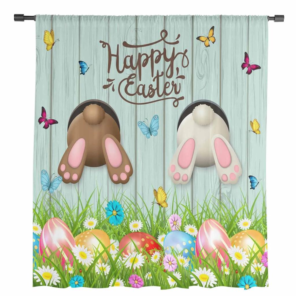 Easter Egg Bunny Butt Daisy Butterfly Sheer Curtains For Living Room Kitchen Window Curtains Bedroom Tulle Voile Curtains