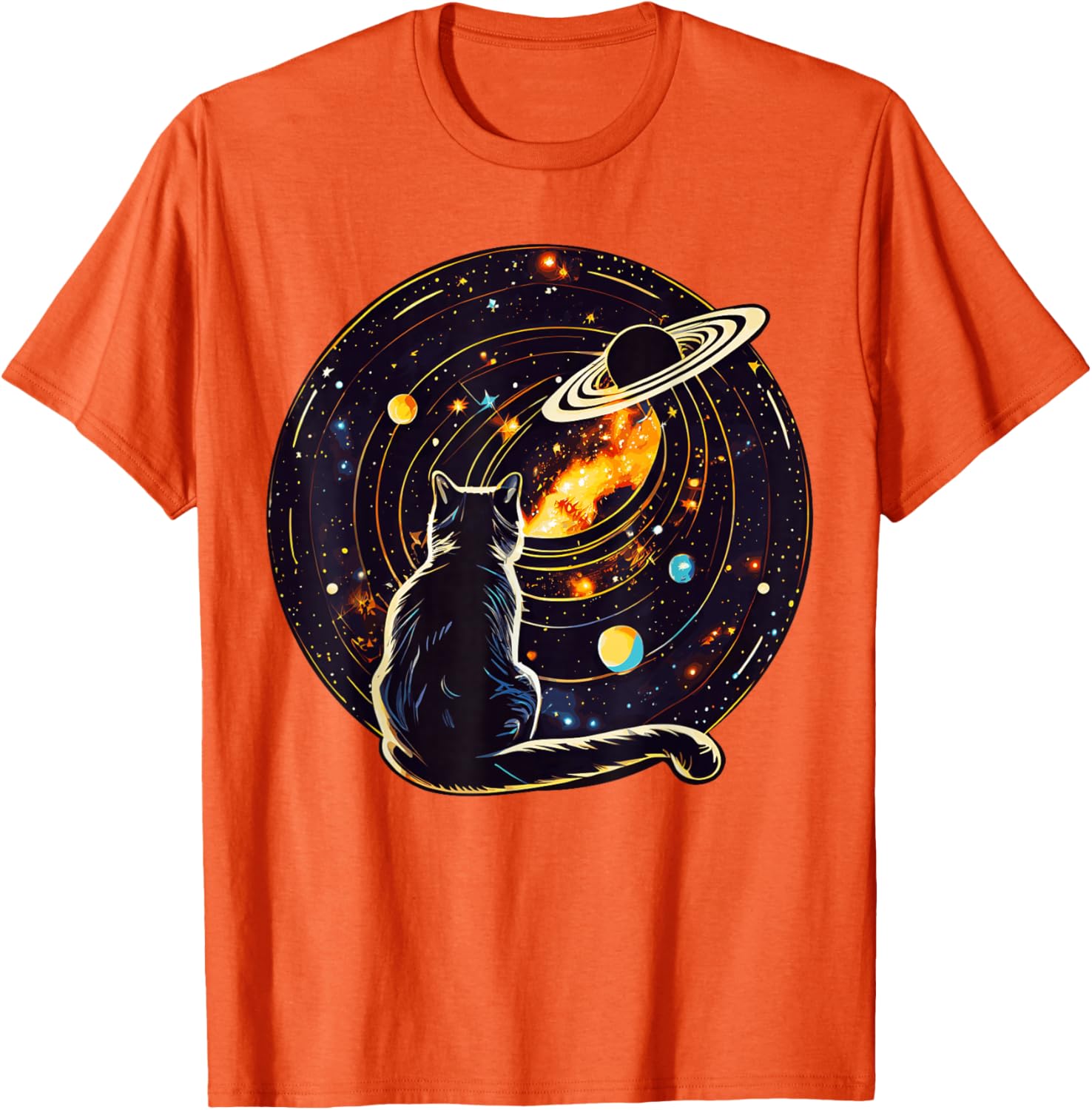 

Cat Staring at Saturn Galaxy Universe Graphic T-Shirt Men Casual Cotton Crew Neck Short Sleeve Tee 4XL