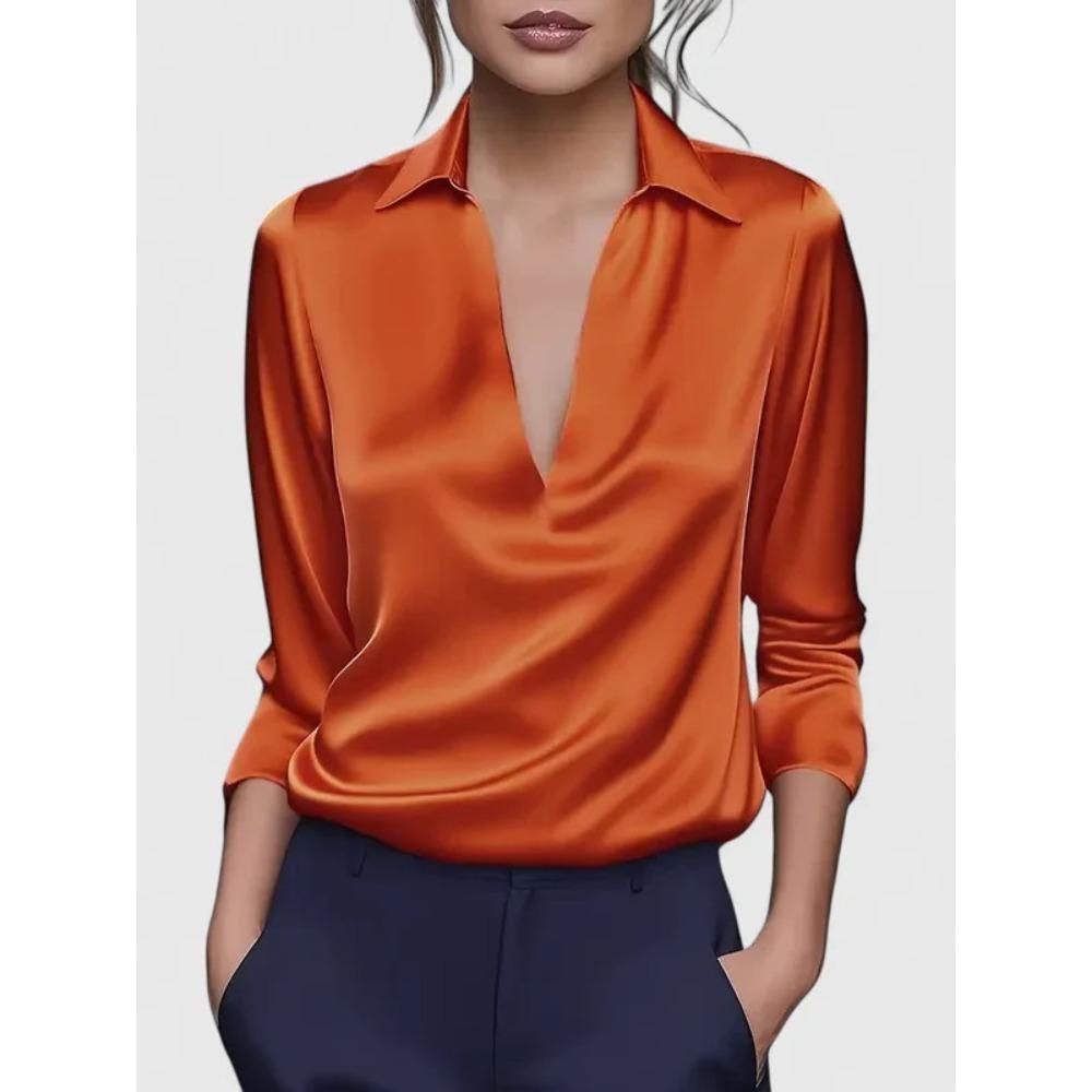 Women's Turn Down Collar Long Sleeve Deep V Neck Solid Satin Elegant Office Blouse Casual Daily Shirt