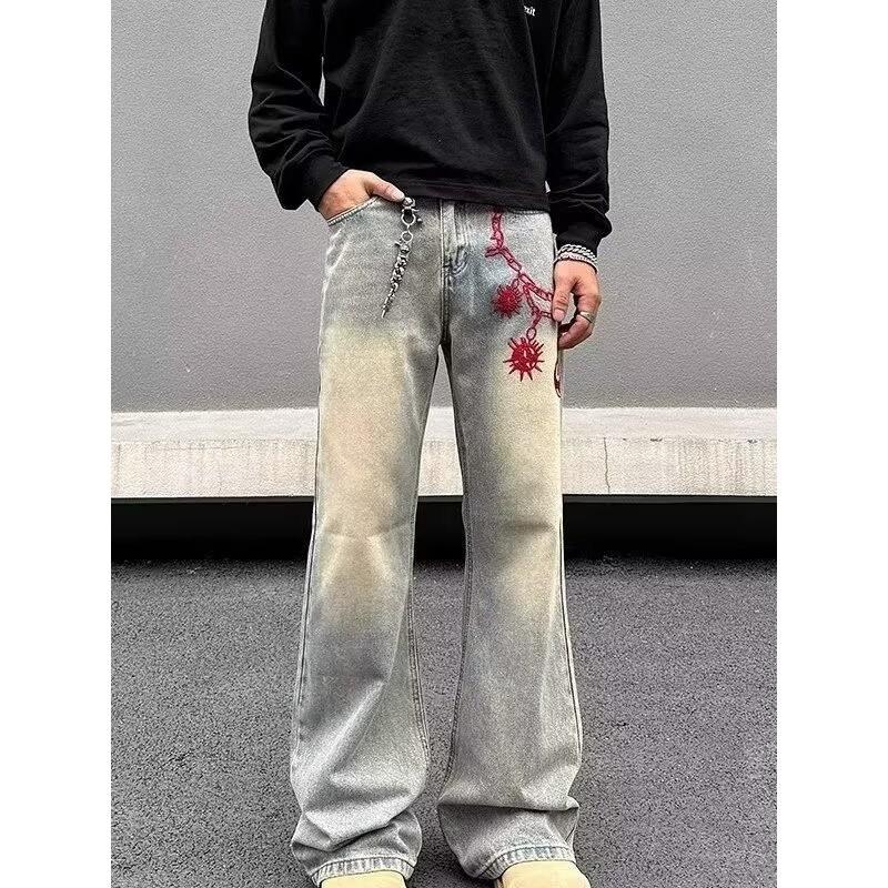 Mens Straight Fit Denim Jeans With Vintage Embroidery Mid-Rise Casual Streetwear Pants Cotton Blend Washed Finish
