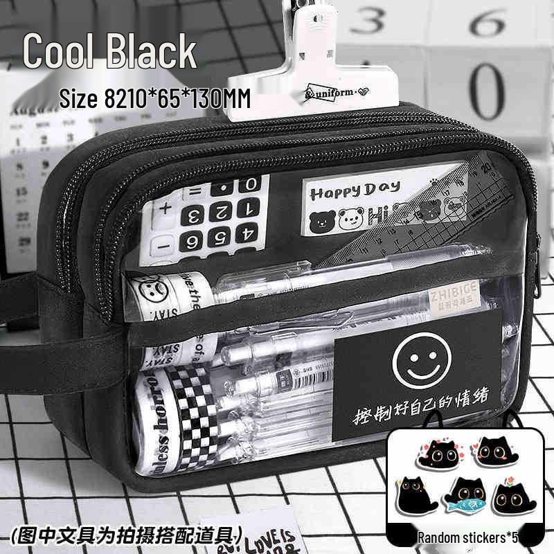 Little Black Cat Transparent Large Capacity Pencil Case for Students