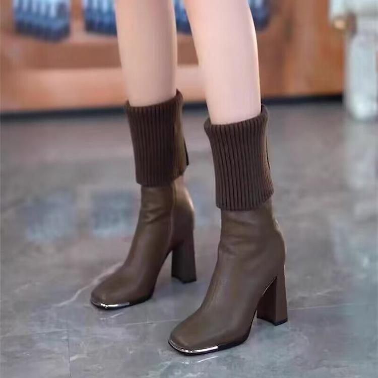 

Knitted high-heeled socks boots women s versatile and thin 2025 autumn and winter British style belt buckle pointed elastic thick-heeled boots 39