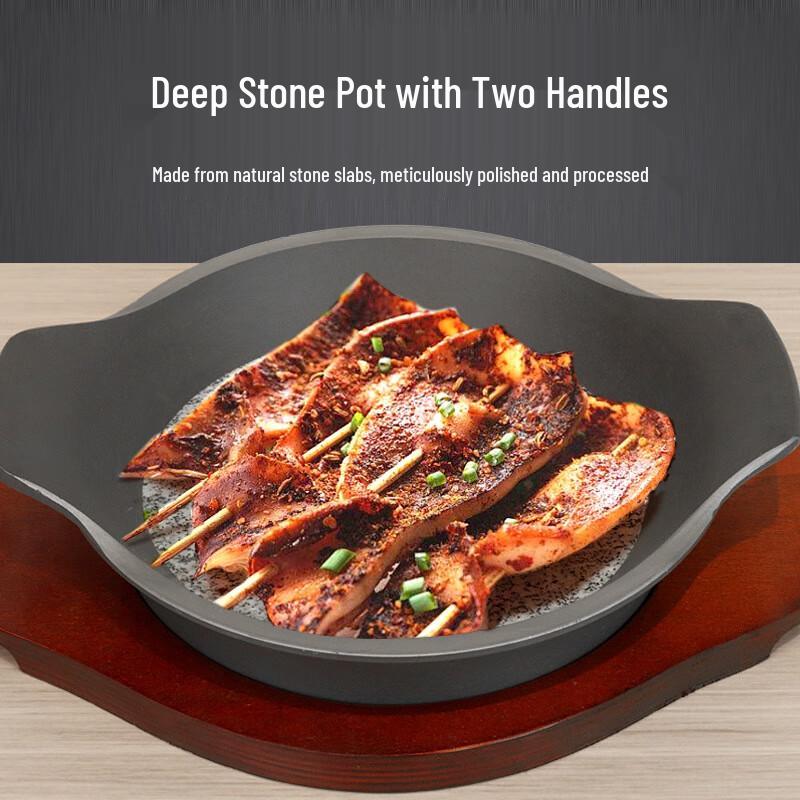 Zhi Shi Deep Stone Griddle Plate with Wooden Tray