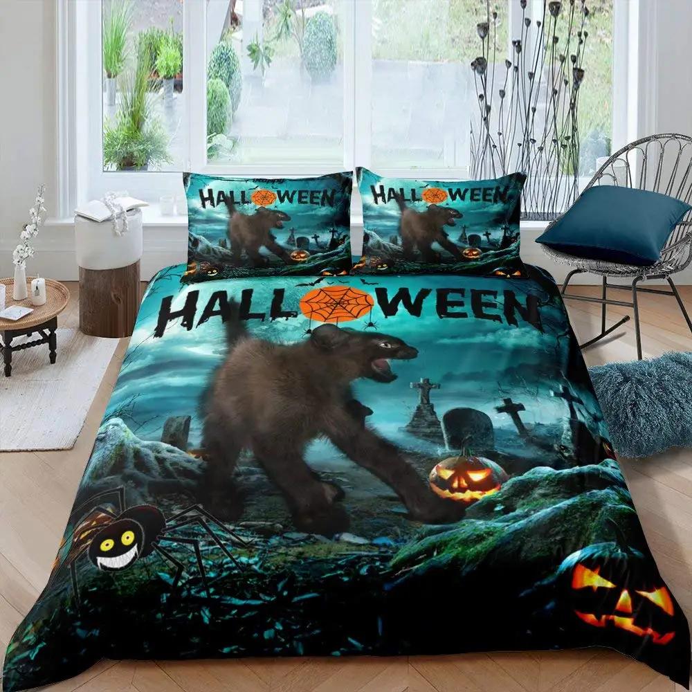 Happy Halloween Pumpkin Moon 3D Print Bedding Set Cozy Soft Duvet Cover King Queen Twin Size for Halloween Bedroom Decoration