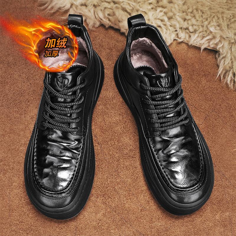 Winter high-top men's casual shoes leather surface velvet thickened warm cotton shoes outdoor trend sports platform shoes