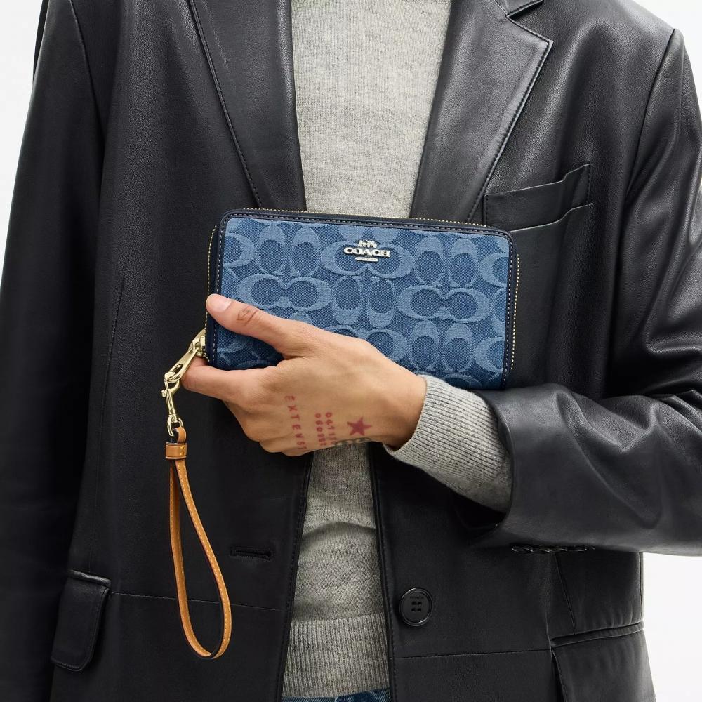 Coach Long Zip Around Wallet In Signature Denim Gold Indigo