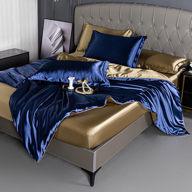 Summer double-sided ice silk mattress four-piece set silky smooth and cool silk three-piece set bed sheet quilt cover light luxury bedding cool