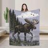 Majestic Moose Flannel Throw Blanket, Rustic Forest Lake Wildlife Decor