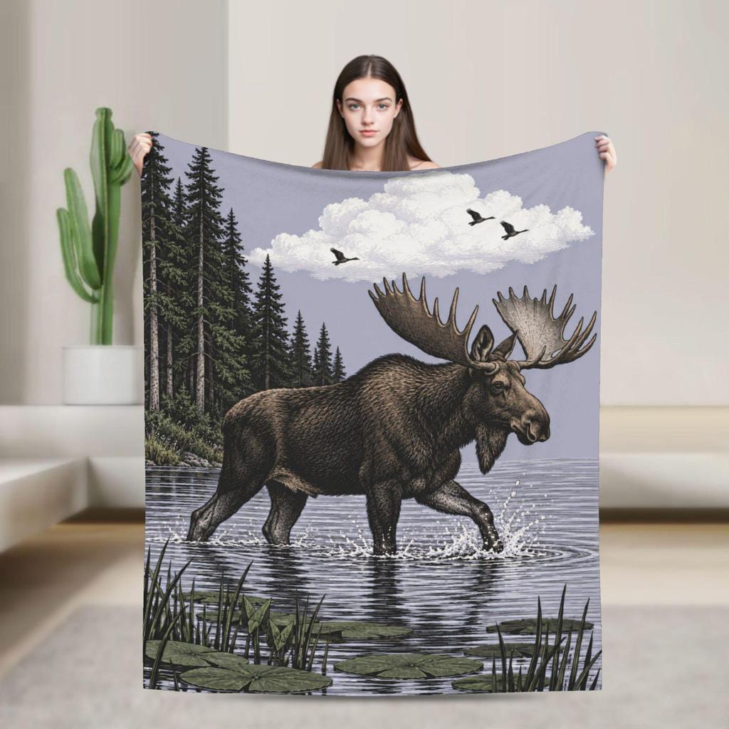 Majestic Moose Flannel Throw Blanket, Rustic Forest Lake Wildlife Decor