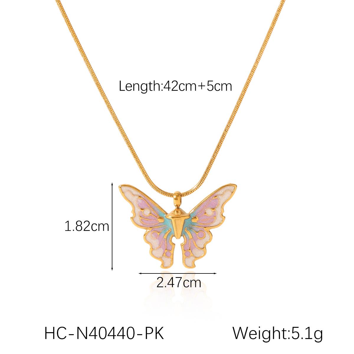 French Light Luxury Retro Colorful Drip Oil Butterfly Pendant Necklace for Women Fashionable Elegant Titanium Steel Snake Chain розовый