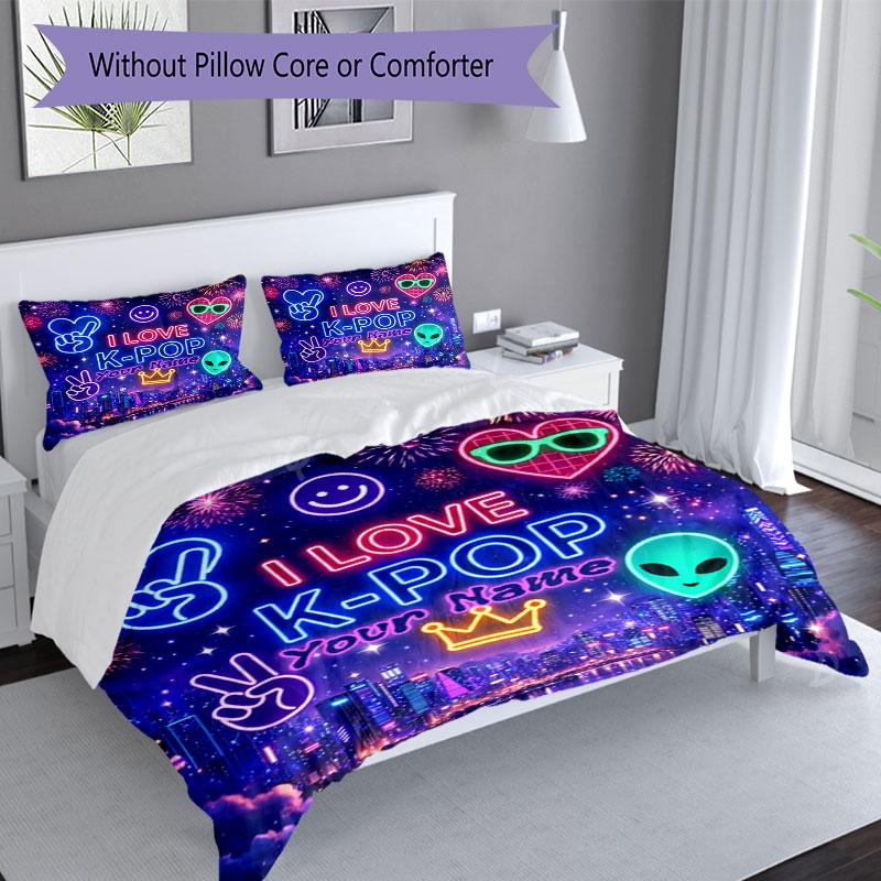 3PC Custom Name K-Pop Neon Celebration Bedding Set Duvet Cover Closure Includes 1 Duvet Cover & 2 Pillowcases for Bedroom