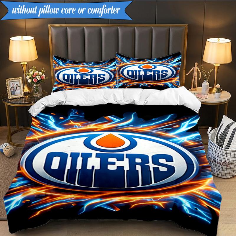 3PCS Edmonton Oilers Emblem Bedding Set,Including 1pc Duvet Cover And 2pcs Pillowcases Perfect for Bedroom, Dormitory, Fan Christmas Gift