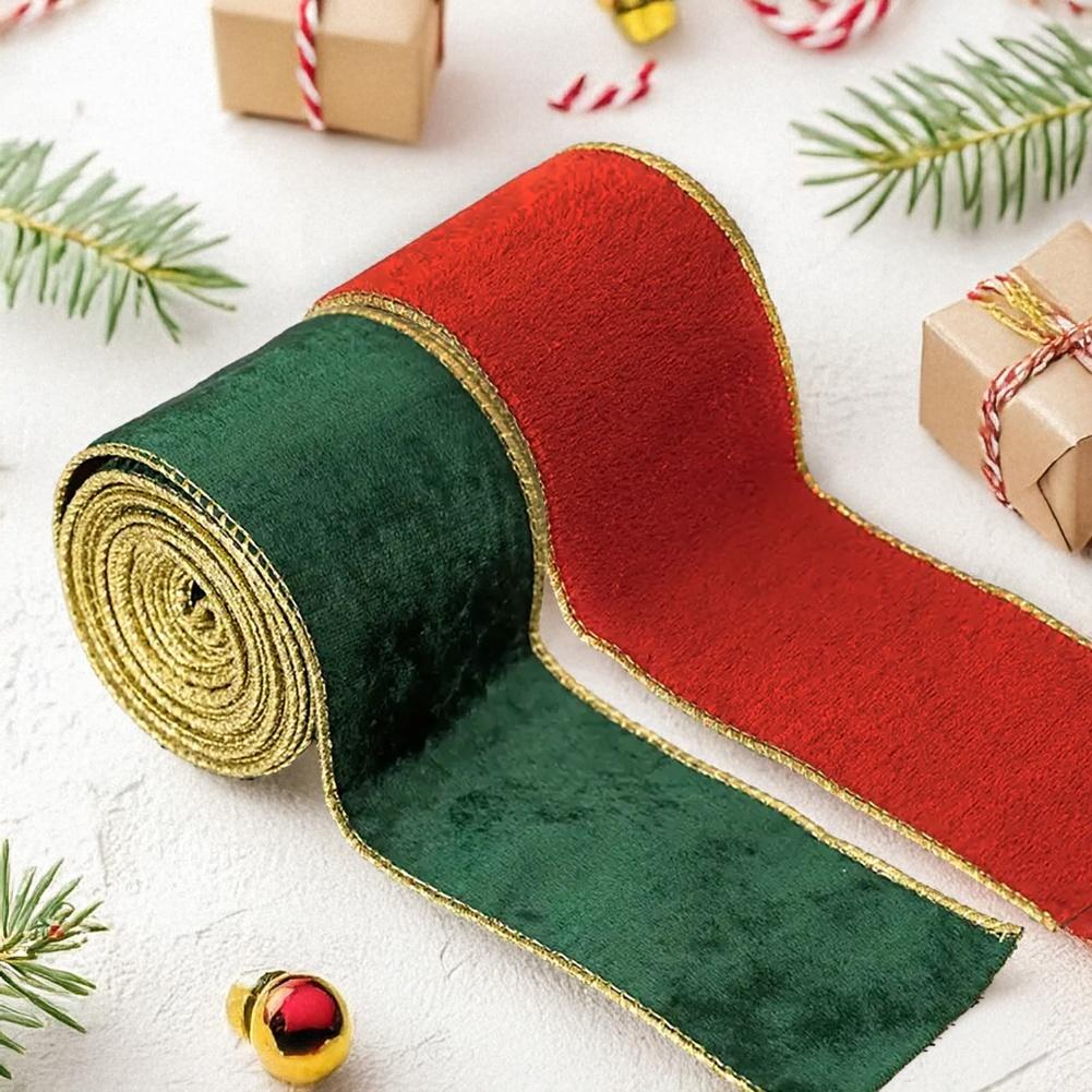 Set of two gold edged flocking fabric ribbons suitable for Christmas tree decoration and holiday craft projects